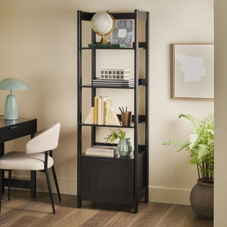Narrow Bookcase Matte Black Integrated Drawer Vertical Storage
