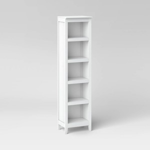 Narrow Bookcase Medium Wood Finish Five Tier Small Space Shelving