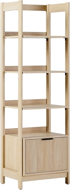 Narrow Bookshelf Coastal Oak Reeded Front Drawer Storage Profile