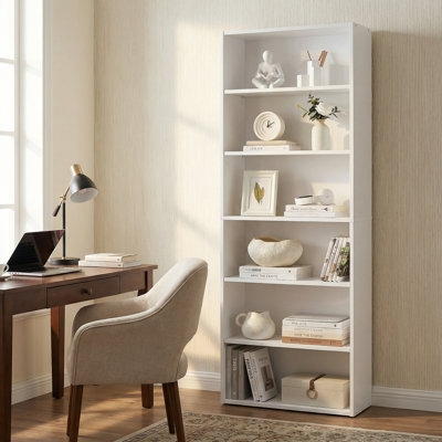 Narrow Six Tier Bookcase Warm Wood Finish Back Panel Storage