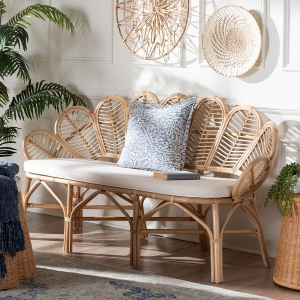 Natural Rattan Bench with Scalloped Fan Back, Cushion, and Trestle Base