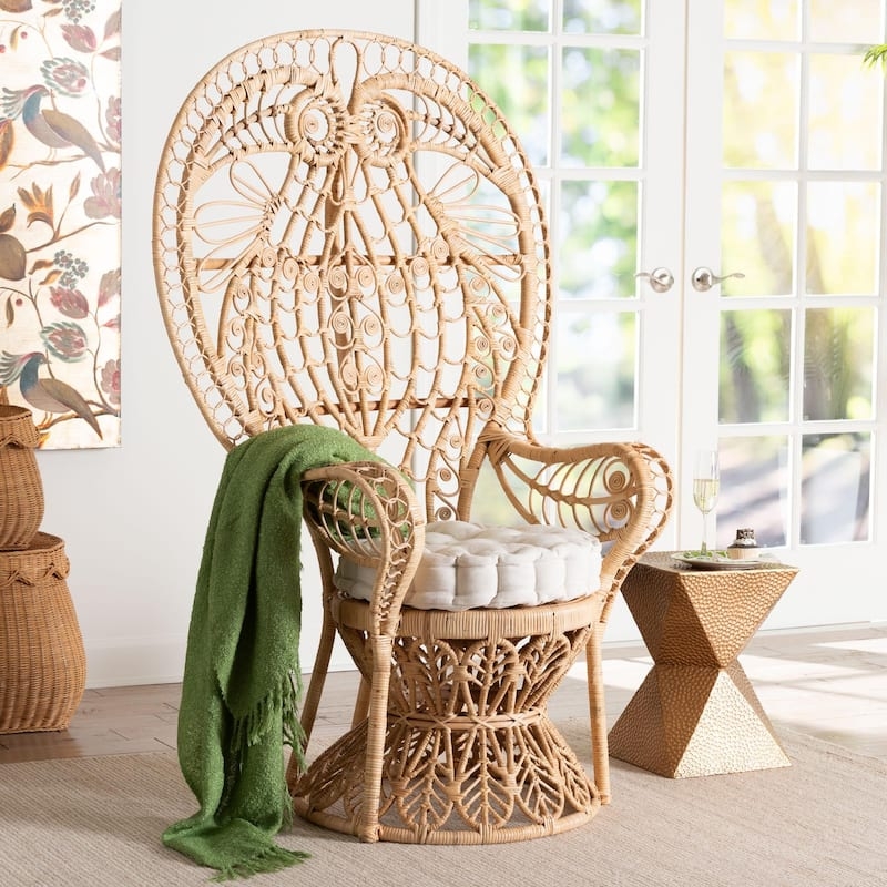Natural Rattan Peacock Chair Fan Back Openwork Weave White Cushion