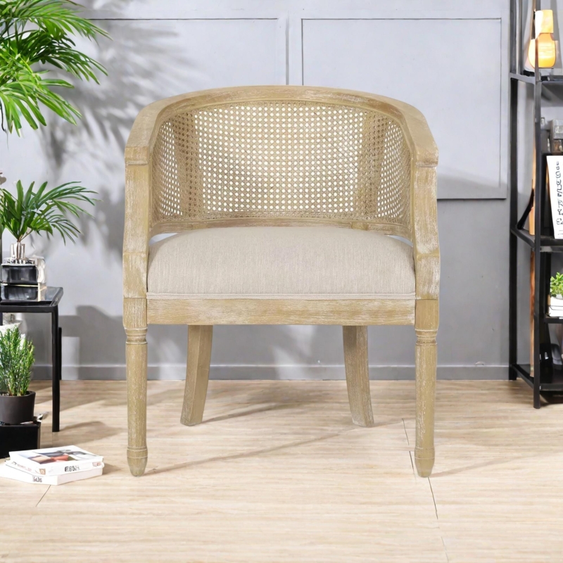 Natural Wood Accent Chair with Cane Back and Padded Arms