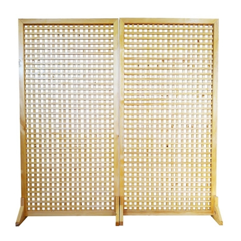 Natural Wood Lattice Room Divider, Square Grid, Clear Finish