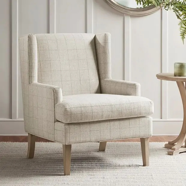 Natural Wood Spindle Back Accent Chair with Cream Cushions