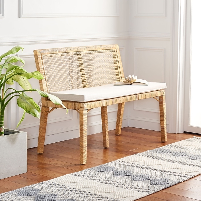 Natural Woven Rattan Bench with Webbing Back and White Cushion