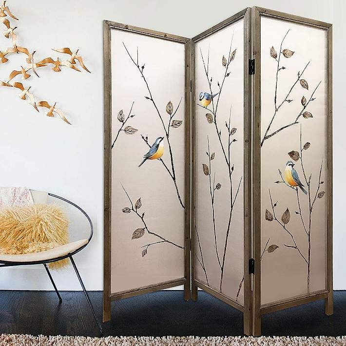 Nature Inspired Room Divider Bird Motif Rustic Wood Frame Screen