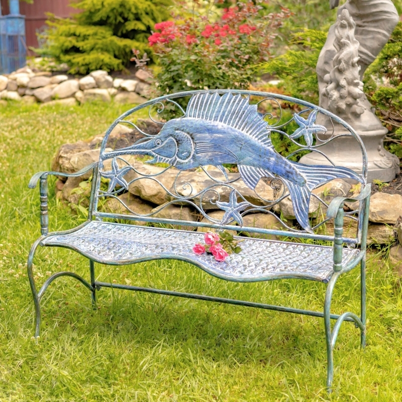 Nautical Swordfish Garden Bench with Curved Ergonomic Seat