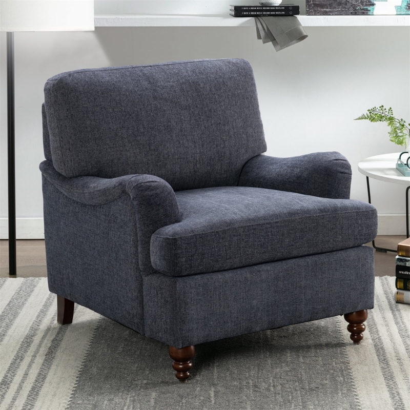 Navy Accent Chair with English Roll Arms and Tapered Wood Legs