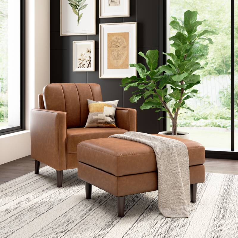 Navy Barrel Chair Set, Tapered Wood Legs & Hidden Storage Ottoman