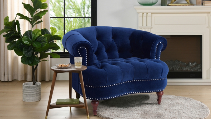 Navy Blue Chesterfield Accent Chair with Rolled Arms and Diamond Tufting