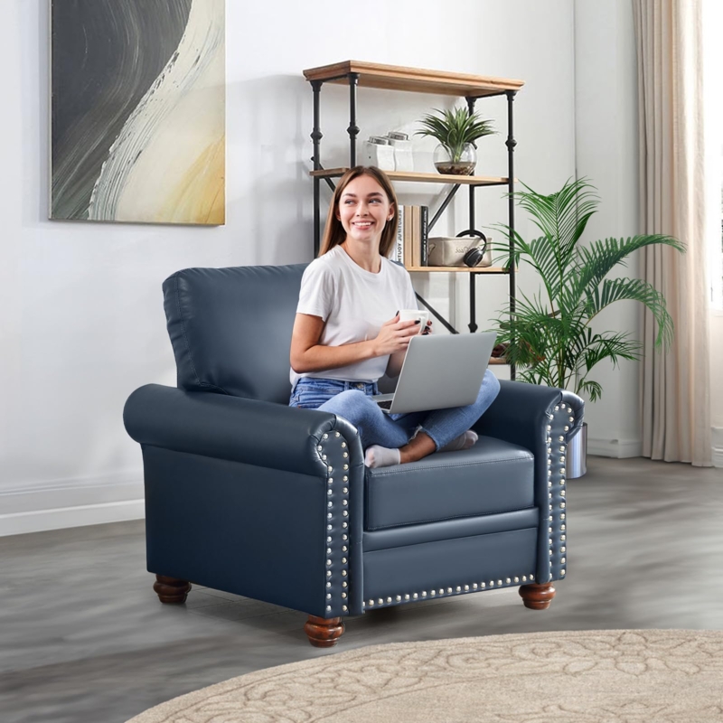 Navy Blue Faux Leather Armchair with Nailhead Trim and Tufted Back