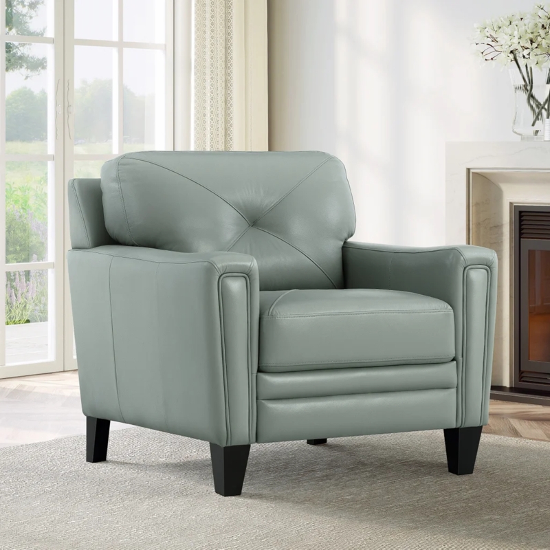 Navy Blue Leather Accent Chair with Exposed Wood Frame & Tufting