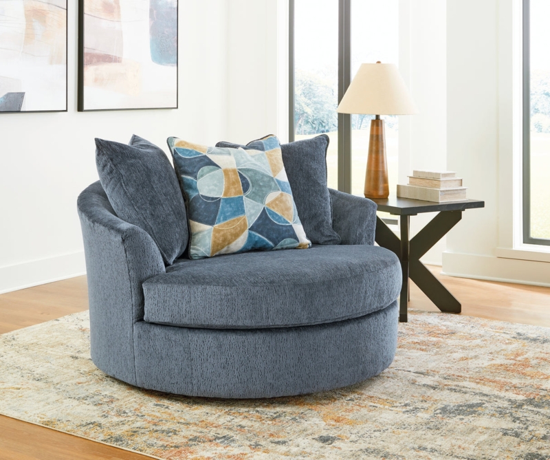 Navy Blue Oversized Swivel Barrel Accent Chair in Textured Fabric