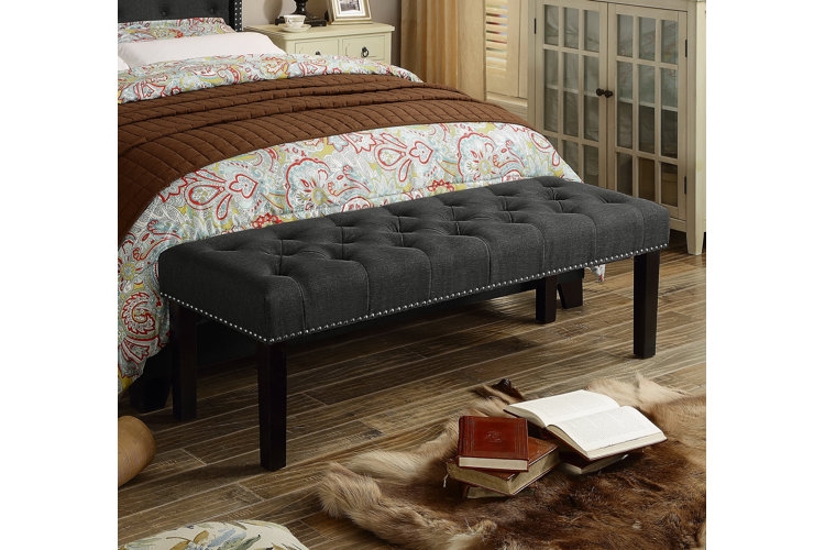 Navy Blue Tufted Bedroom Bench with Dark Wood Legs