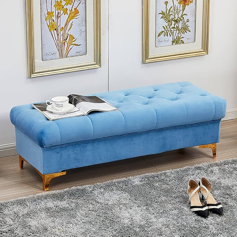 Navy Blue Velvet Storage Bench with Gold Legs and Channel Tufting