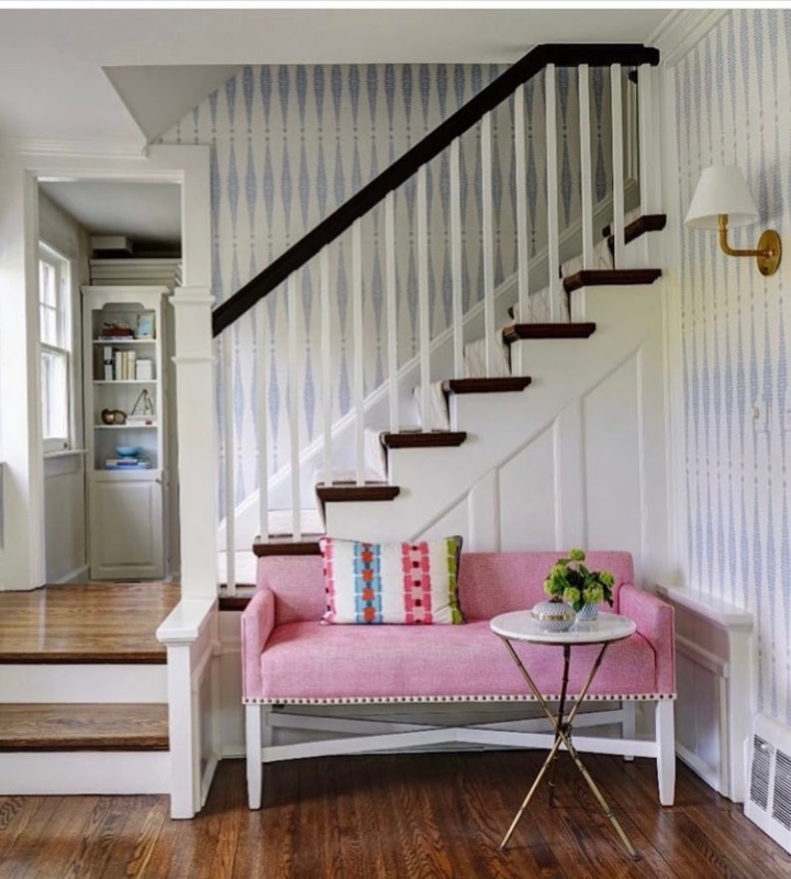 Navy Botanical Print Bench with High-Gloss Dark Wood Base
