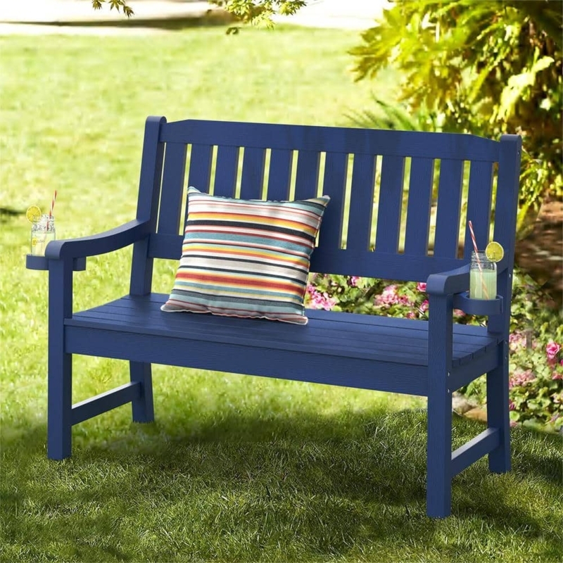 Navy Outdoor Bench with Integrated Cup Holders, Poly Lumber Look