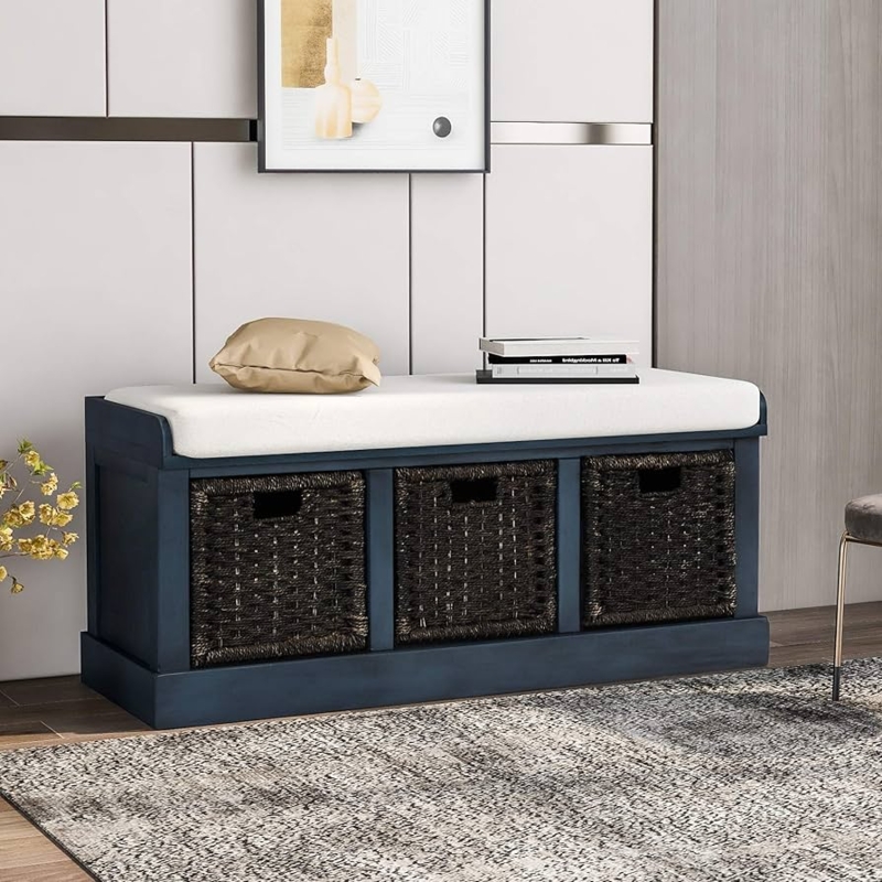 Navy Storage Bench with Three Woven Baskets and Upholstered Cushion