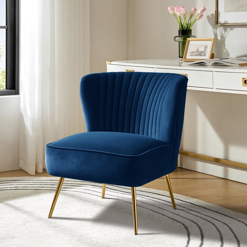Navy Velvet Barrel Accent Chair Channel Tufting Gold Metal Legs
