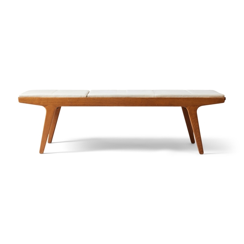 Oak Wood Bench, Black Leather-Like Top, Slatted Shelf
