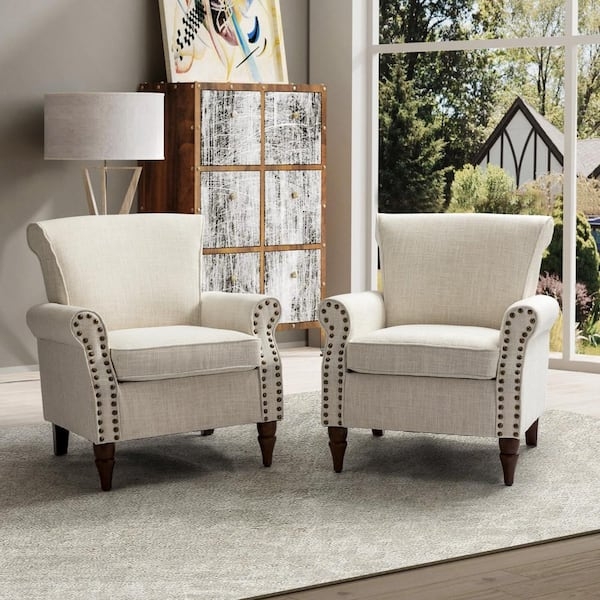 Oatmeal Accent Chair Set with Button Tufting and Nailhead Trim