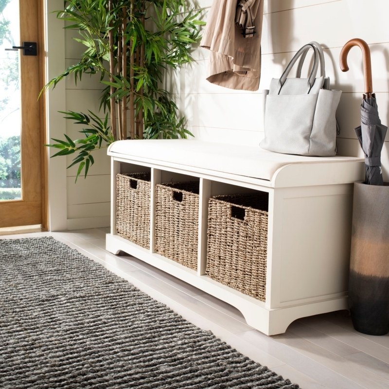 Off-White Storage Bench with Woven Wicker Baskets and Padded Top