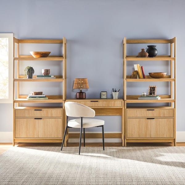 Office Set Coastal Oak Reeded Desk Modular Bookcase Trio