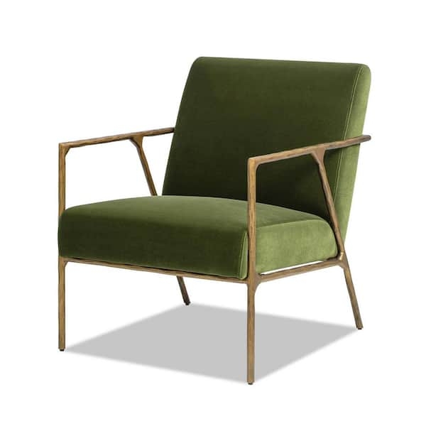 Olive Green Velvet Accent Chair with Hammered Brass Cube Frame