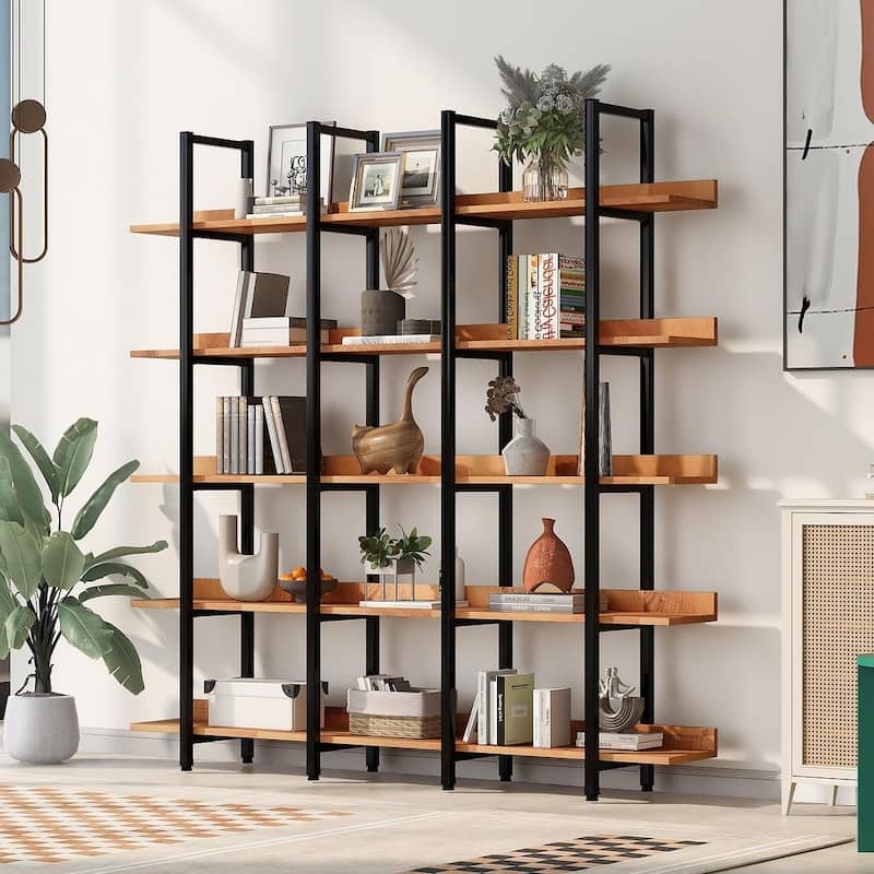 Open Back Bookshelf, 5-Tier Industrial Metal with Adjustable Feet.
