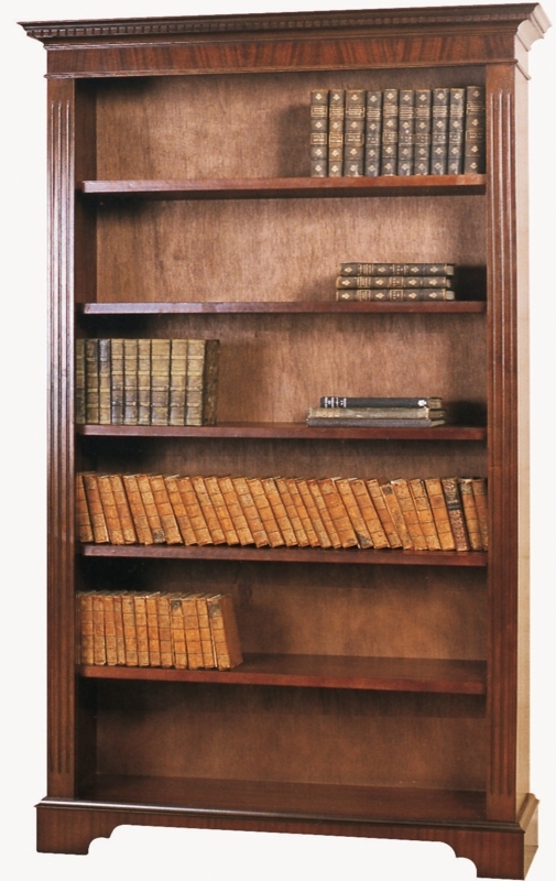 Open Bookcase Fluted Pilasters Mahogany Finish Wide Open Shelf Unit
