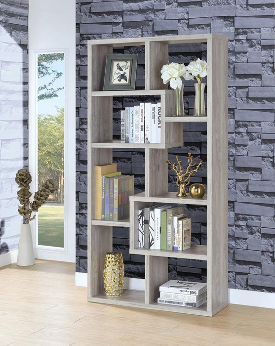 Open Frame Bookcase Grey Driftwood Staggered Shelves Base Drawers