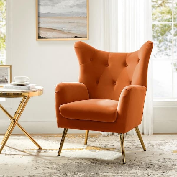Orange Wingback Accent Chair Diamond Tufted Gold Legs Glam Style