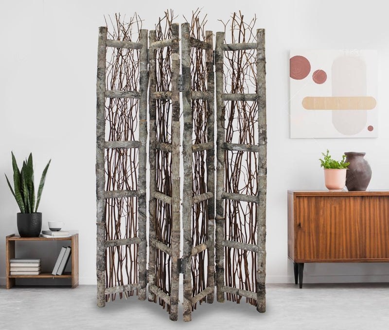 Organic Rustic Room Divider with Birch Log and Twig Panels