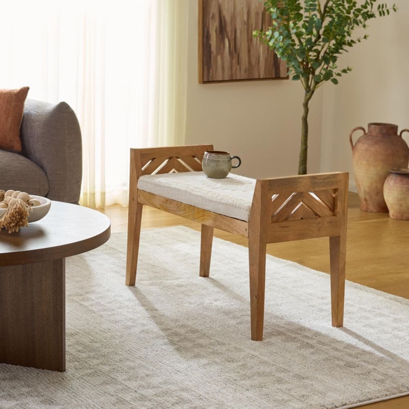 Organic Wood Bench with Chevron Cutouts and Integrated Arms