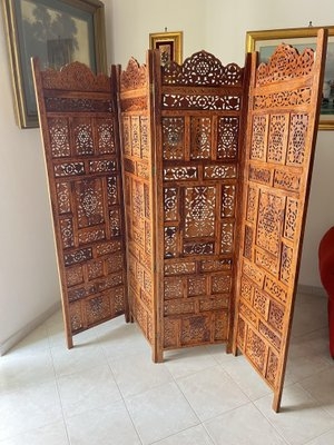 Ornate 4-Panel Room Divider With Pierced Floral Carving