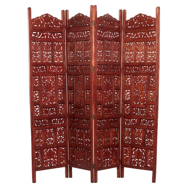 Ornate Carved Wood Room Divider, Reddish-Brown 4-Panel Floral Screen