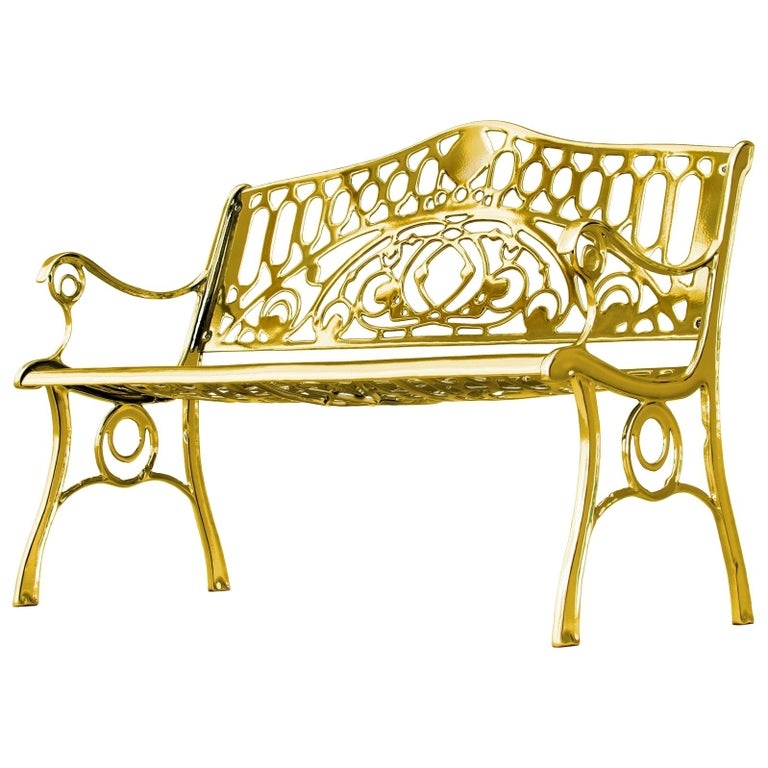 Ornate Garden Bench with Intricate Backrest Scrollwork, Polished Finish