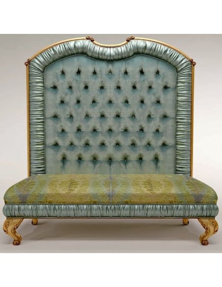 Ornate High Back Bench, Ruffled Trim, Gold Finish, Luxury Tufted Settee Idea