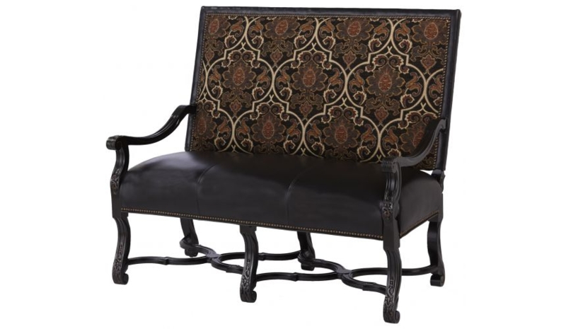 Ornate High Back Settee, Mixed Media Upholstery, Ornate Stretcher Base