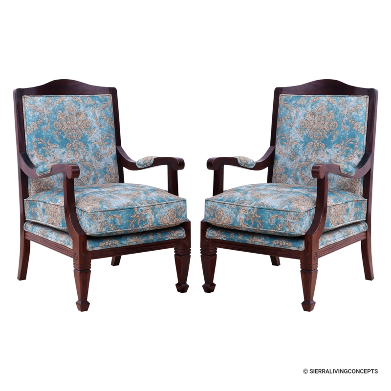 Ornate Medallion Back Accent Chairs with Dark Wood and Florals