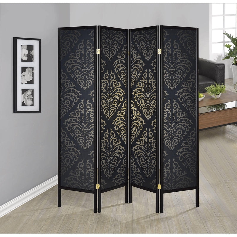 Ornate Room Divider Damask Pattern Black And Gold Four Panel Screen