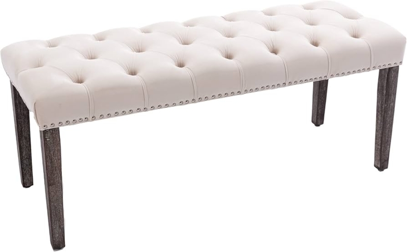 Ottoman Bench Beige Velvet All-Over Tufting for Classic End of Bed