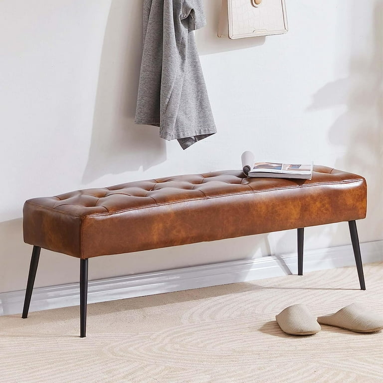 Ottoman Bench Brown Button Tufted Black Metal Tapered Legs Entryway