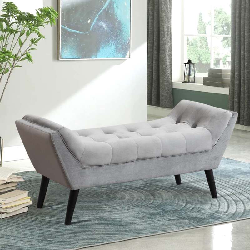 Ottoman Bench Charcoal Gray Velvet Like Diamond Tufting Tapered Legs Seat