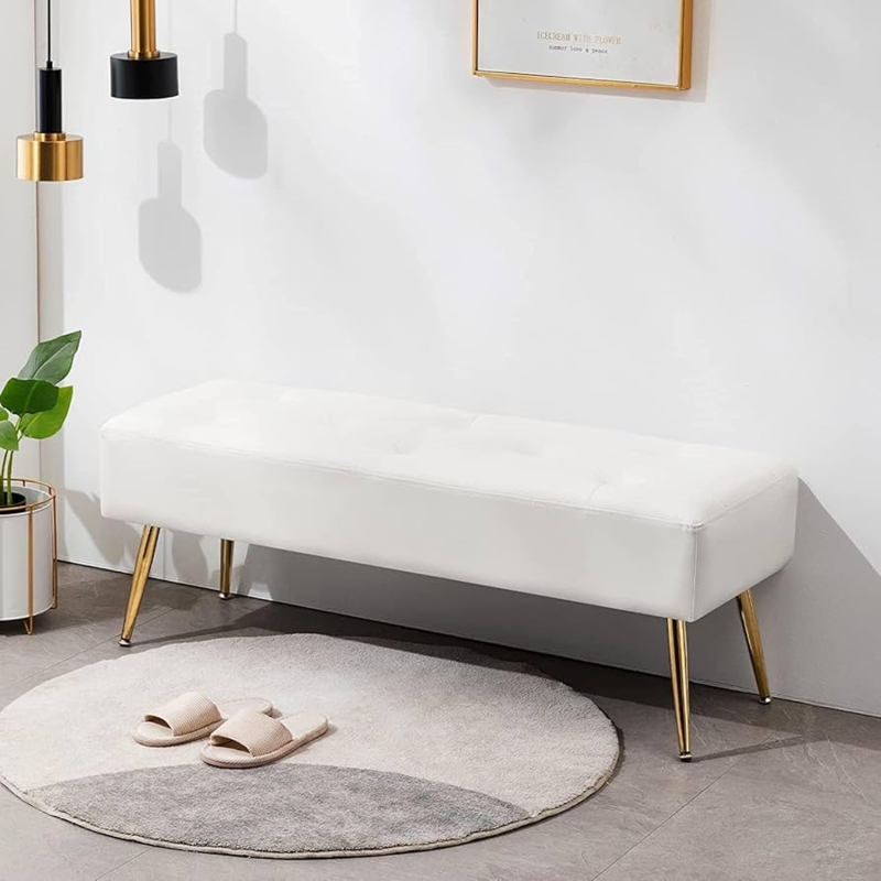 Ottoman Bench in Button-Tufted Ivory Faux Leather with Black Metal X-Base