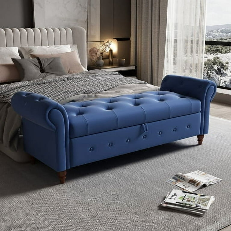 Ottoman Bench with Rolled Arms & Deep Navy Fabric