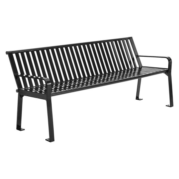 Outdoor Bench, All Black Metal Slat Design, Integrated Armrests.