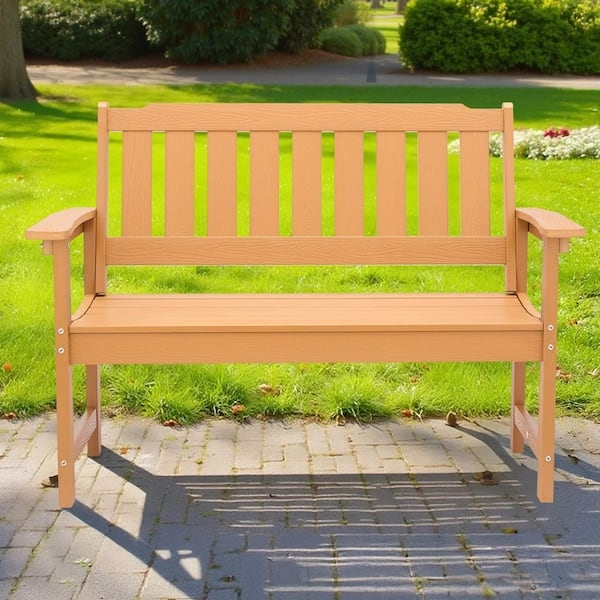 Outdoor Bench All Weather Material Slatted Silhouette Medium Brown
