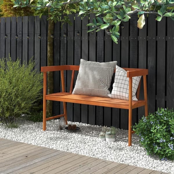 Outdoor Bench Angular Frame Honey Toned Wood Slatted Seat Modern